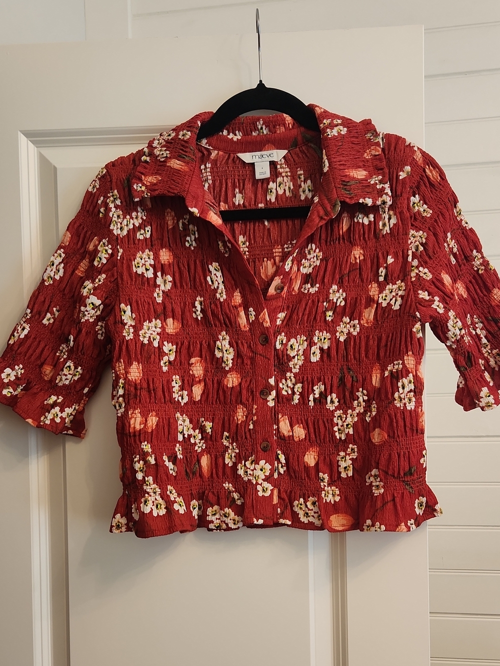 Maeve Rust Red Floral Crinkle Button-Down Shirt